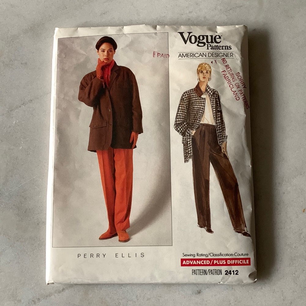 UNCUT Vogue American Designer Perry Ellis Jacket and Pants Sewing Pattern 2412